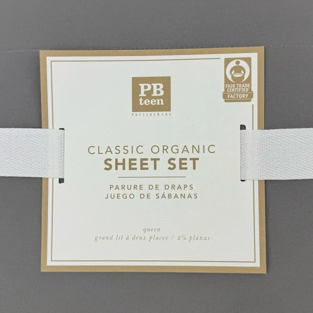 Pottery Barn Teen Classic Organic Sheet Set QUEEN Gray Organic Cotton New